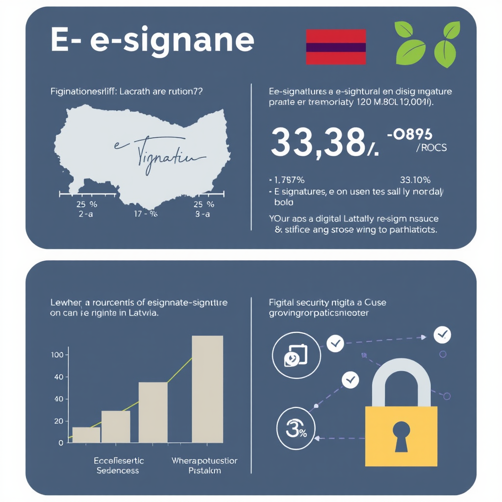 Infografika ar eparaksta izmantošanas statistiku Latvijā, rādot pieaugošus grafikus un digitālās drošības simbolus