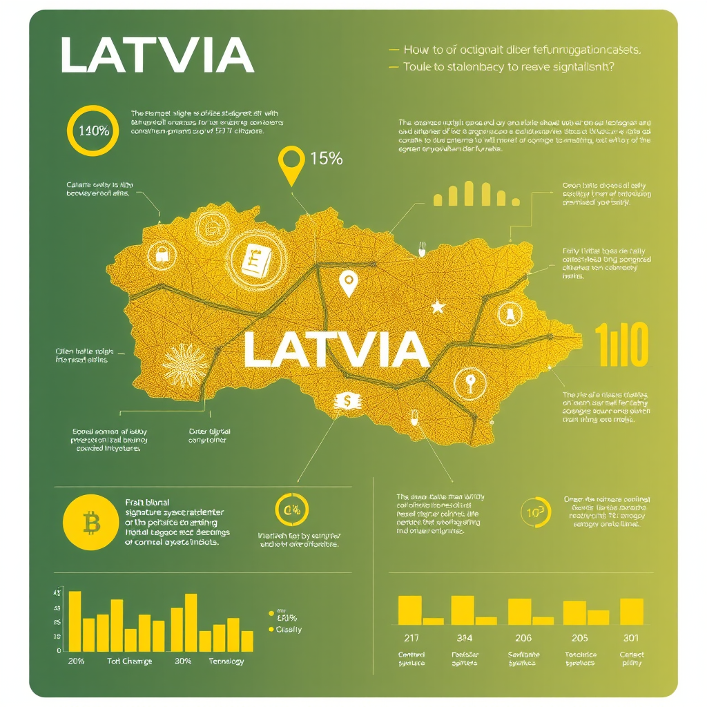 Latvijas kartes fragments ar digitāliem eparaksta simboliem un statistikas grafiem, zeltaini zaļā krāsu palete, moderna infografika par tehnoloģiju attīstību