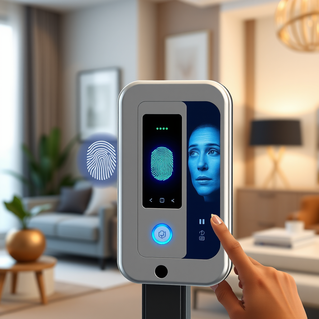 Moderna biometriskā skenēšanas ierīce ar pirkstu nospiedumu un sejas atpazīšanas tehnoloģiju, elegantā mājas vidē