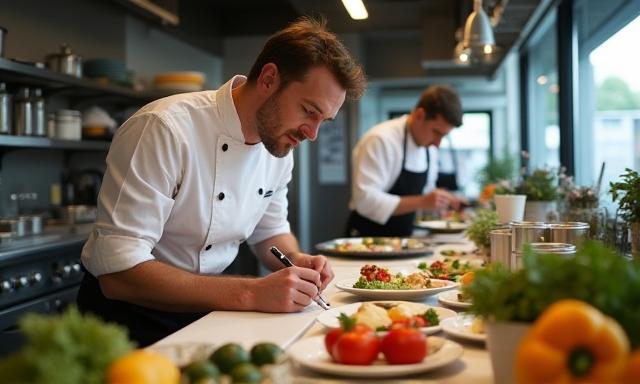 Chef developing new menu items in kitchen